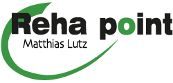 Logo Reha Point Matthias Lutz. Grüner geschwungener Streifen mit Schriftzug Reha Point Matthias Lutz